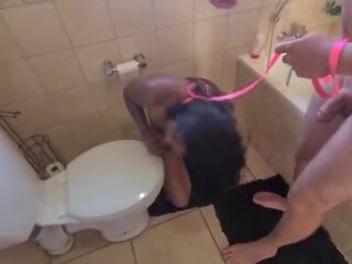 Human toilet indian escort get pissed on and get her head flushed followed by sucking member
