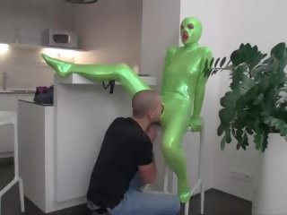 First-rate teen in green catsuit